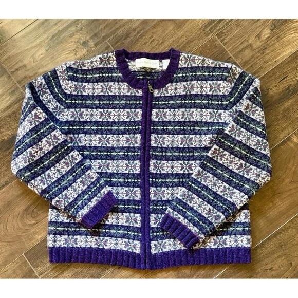 Paris Sports Club Cardigan Women’s Medium 100% Shetland Wool Fair Aisle VTG Zip - Picture 1 of 9
